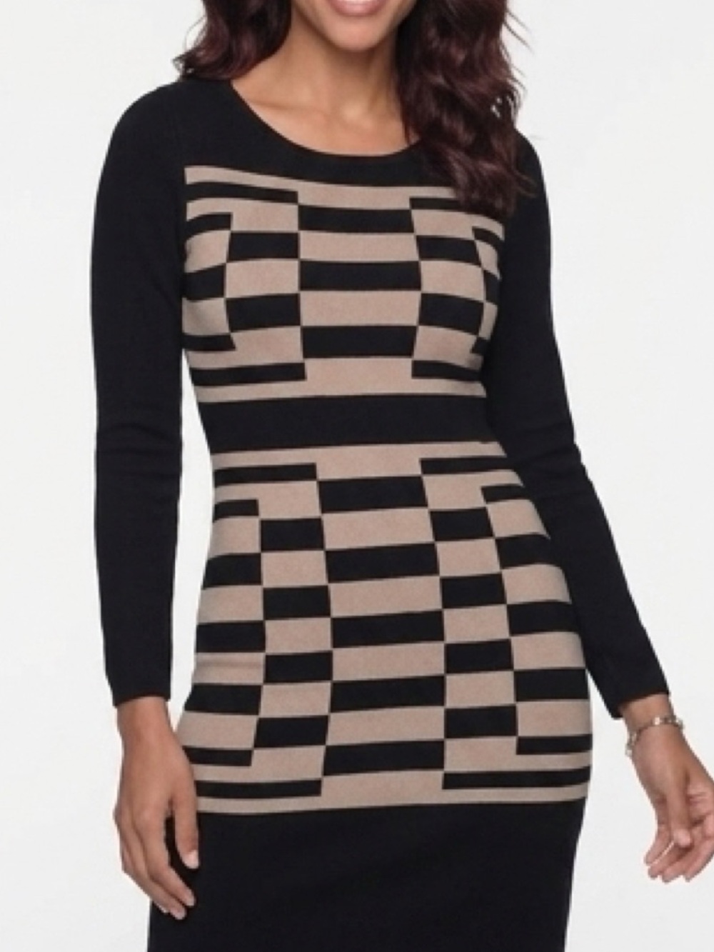 🎀 Nine West Black and Tan Checker Long-Sleeve Dress